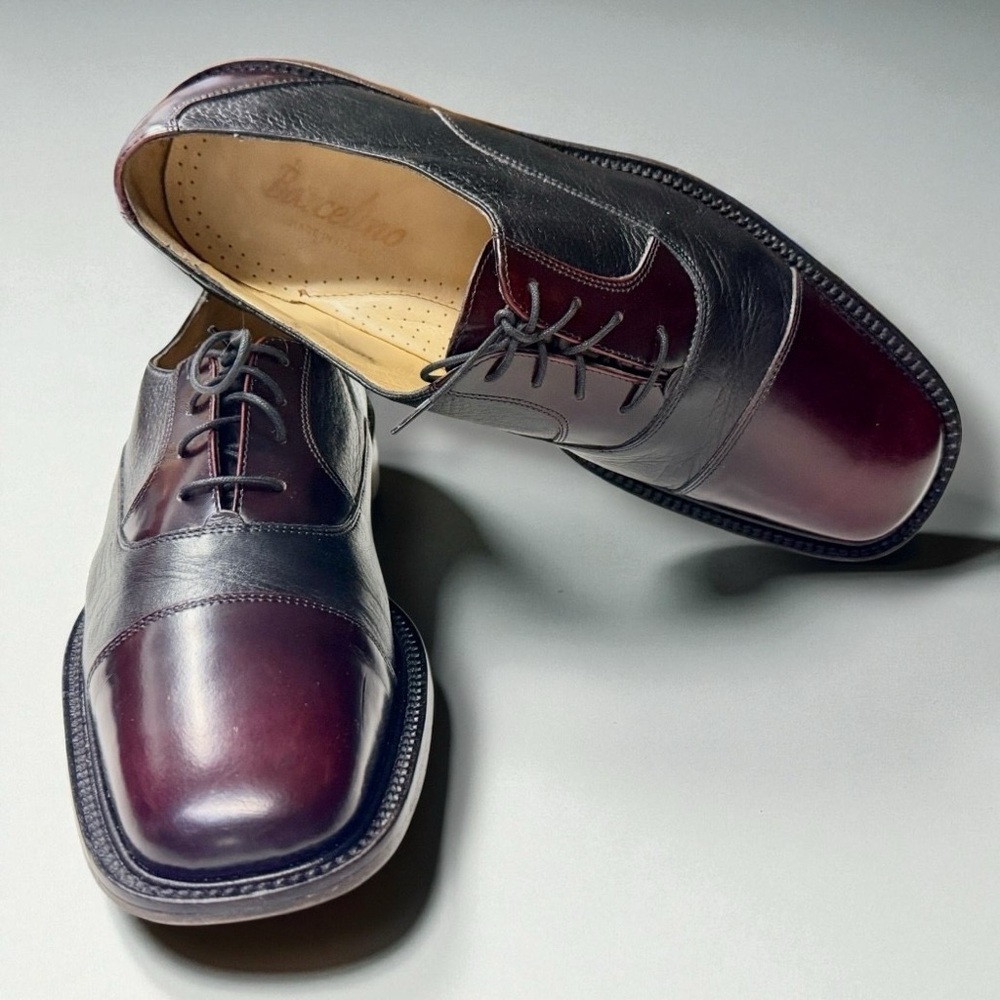Barcelino Handmade Italian Leather Cap Toe Shoes Burgundy/Black |10M |Vero Cuoio